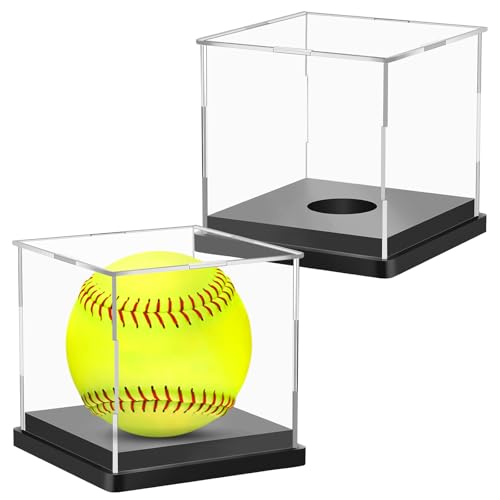 Image of Hooqict 2 Pack Arcylic Softball Display Case Clear Softball Holder UV Protected Stand Championship Display Case Memorabilia Square Box for Golf Tennis Game Ball Baseball