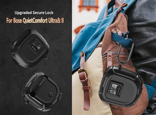 Olytop for New Bose QuietComfort Earbuds II (2022) / Ultra (2023) Case Cover with Lock Clip&Cleaner kit Pen, Rugged Shockproof Protective Hard Skin with Carabiner Men Women for Bose QC 2 - Black