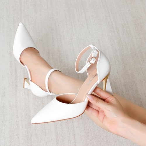 Image of RIBONGZ Comfortable Kitten Heels for Women Pointed Closed Toe Ankle Strap Buckle Heels Slip on Low Heel Church Pumps Wedding Bridal Party Dressy Shoes