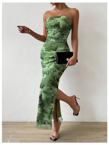 Image of Milumia Women's Printed Strapless Tube Top Maxi Dress Slit Hem Sleeveless Bodycon Wedding Guest Party Long Dresses Olive Green X-Large