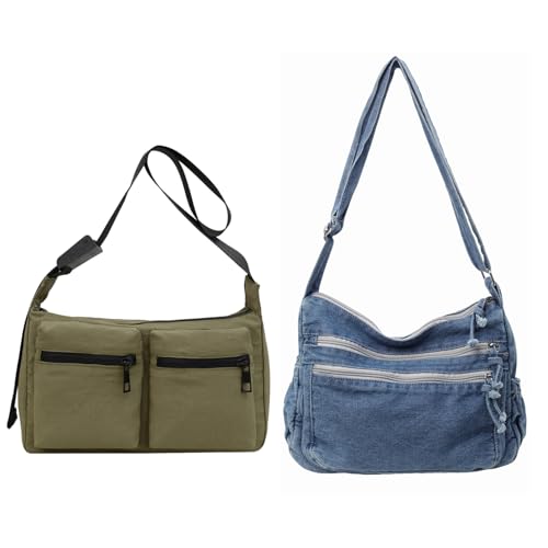 Crossbody Messenger Bag for Women, Large Denim Purses for Women Casual Shoulder Bag Hobo Tote Bag with Multiple Pockets for Work College Daily