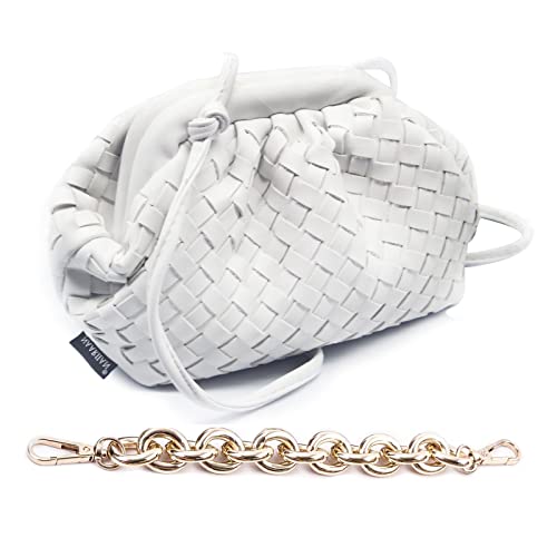 Bolsa de ombro moderna com corrente grossa Dumpling Ruched Clutch Shape Nuvem Bolsa de ombro em couro PU, Branco/preto, Small: 6.1'(L)x 2.7'(W)x 5.9'(H), Saco de bolinhos