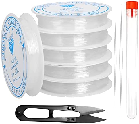 6 Pcs 0.8mm Elastic Bead Thread, Clear Beaded String Stretchy Bead Cord for DIY Bracelets Making with 2 Beading Needles and Scissor (8m - 1 Spool)