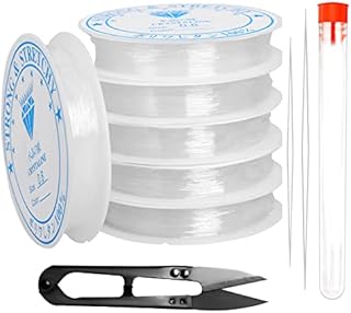 6 Pcs 0.8mm Elastic Bead Thread, Clear Beaded String Stretchy Bead Cord for DIY Bracelets Making with 2 Beading Needles and Scissor (8m - 1 Spool)