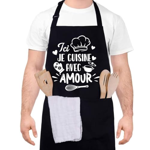 Halinuia Tablier de Cuisine Personnalisé pour Homme et Femme - 'Ici, Je Cuisine Avec Amour' - Étanche, Réglable, Professionnel, Noir, pour Barbecue