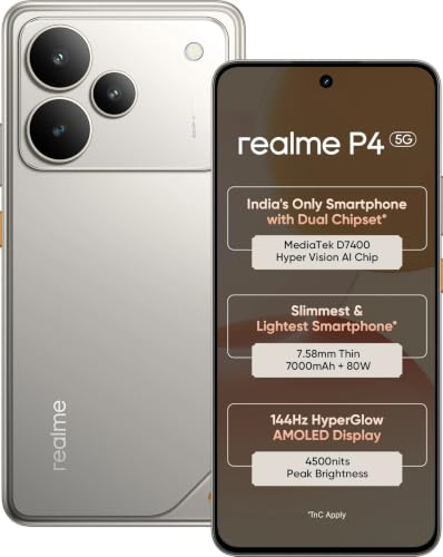 Image of realme P4 5G (Steel Grey, 6GB RAM, 128GB Storage) | 6.77 Inch Full HD+ AMOLED Display | MediaTek Dimensity 7400 5G Processor | 50MP AI OIS Main Camera + 8MP Ultra-Wide Camera | 7000mAh Battery