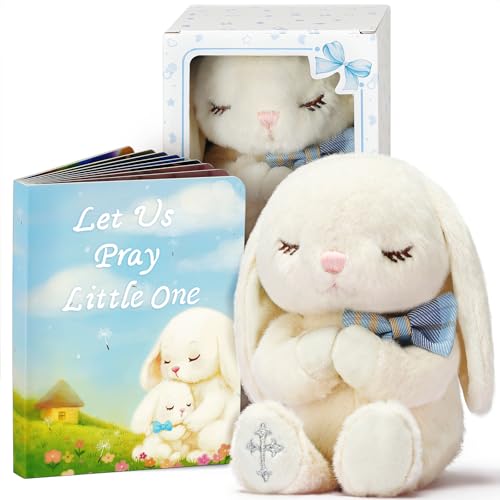 MyMateZoe Baptism Gifts for Boys Great Christening Dedication and Baptism Gift Set for Boys and Newborn Baby Includes 7 Praying Bunny Plush Toy and Let Us Pray Baby Book in Keepsake Gift Box