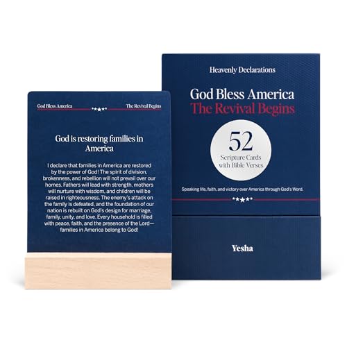 Image of Yesha 52 God Bless America Prayer & Declaration Cards | Patriotic Scripture Cards for Daily Prayer Over the Nation | Christian Gift for Independence Day, July 4 & National Day of Prayer | Wooden Stand & Keepsake Box