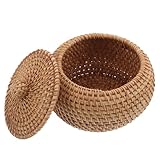 VALICLUD Cesta Pequeña de Mimbre con Tapa Caja de Almacenamiento Redonda de Ratán Natural Organizador de Escritorio Compacto para Cocina Baño y Decoración del Hogar