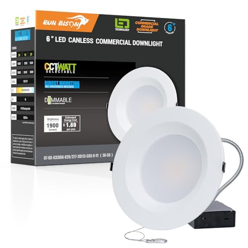 Run Bison 6 inch 120-277V LED Recessed Lighting with J-Box, Wattage Adjustable 12/16/20W,3 Color...