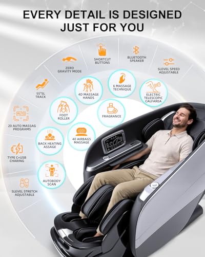 Image of Massage Chair Full Body,4D Zero Gravity Massager Recliner with Touch Screen Controller, SL-Track Heating, Foot Massage, Auto Modes, Bluetooth Speaker, Black