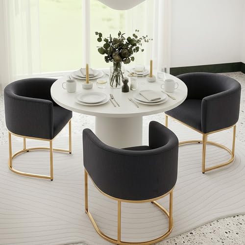Image of HNY Mid Century Modern Upholstered Barrel Dining Chairs with Arms Set of 3, Linen Kitchen & Dining Room Accent Chairs for Living Room with Gold Metal Frame, Charcoal