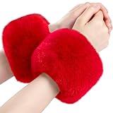 SATINIOR Faux Fur Short Wrist Cuff Winter Fuzzy Wrist Cuff Warmers for Women Girls Favors(Red)