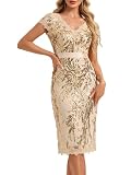 Ever-Pretty Women's Sequin Lace Bodycon Midi Cocktail Dress V-Neck Formal Gown for Wedding Evening Party Gold 14UK
