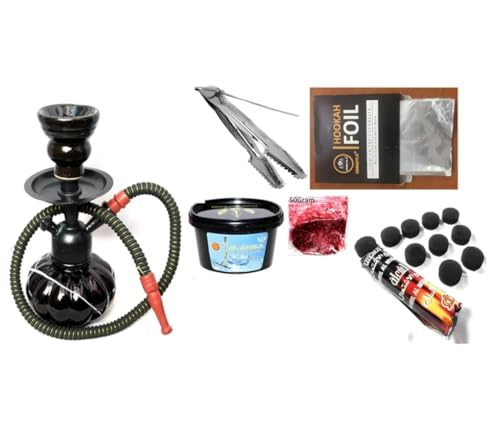 Image of Complete Hookah Set with Black Glass Base, Double Hose, Charcoal, Tongs, 50g, Coal Pack, Ceramic Bowl