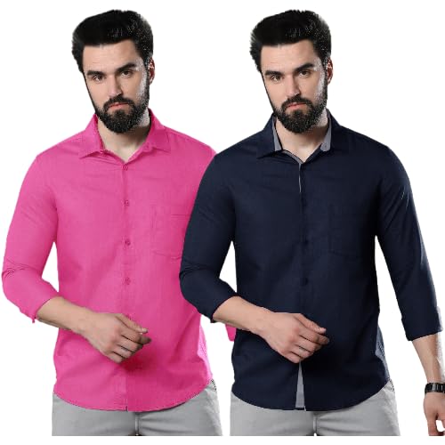 Image of Pinkmint Combo of Men Casual Cotton Blend Full Sleeves Formal Regular Slim Fit Plain Office Shirts