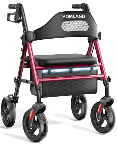 HOMLAND Foldable Rollator Walker for Seniors with Seat, 16' Extra-Wide Seat | 8' All-Terrain Wheels...