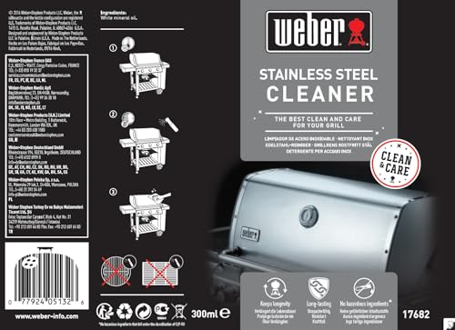 Weber Edelstahl-Reiniger 300ml, feines Nebelspray, bringt Edelstahlelemente wieder zum Glänzen, entfernt Fett und reinigt Edelstahloberflächen streifenfrei (17682)
