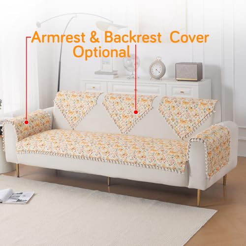 Image of HOKIPO Sunlit Butterfly Quilted Sofa Cover 5 Seater Set with Tassels - Washable 3+2 Sofa Cover Mat |'Tassel Twigs' Series (IN-985-T3 + IN-983-T3)