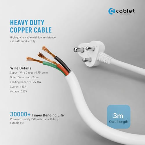 Image of Cablet Extension Board 3 Meter Cable, 2500W 10A, 6 Universal Multi Plug Socket, 6 Individual Switches, 3 Mtr Heavy Duty Cord, LED Indicator, Power Strip for Home Office (6 Socket + 6 Switch, 3 Meter)