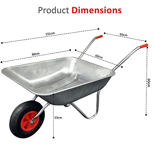 Crystals 65L/100KG Wheelbarrow Heavy Duty Galvanised - Home Garden Cart with Pneumatic Tyre - (80L x 60W x 60H) cm Silver 8 Crystals 65L/100KG Wheelbarrow Heavy Duty Galvanised - Home Garden Cart with Pneumatic Tyre - (80L x 60W x 60H) cm Silver - Image 8