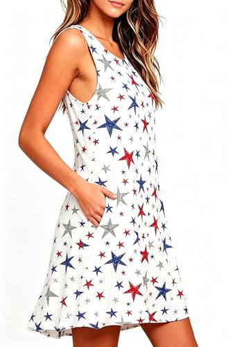 Image of Roshop Womens Juneteenth Flag Sleeveless Dress 4th of July Patriotic Swing Sundress with Pockets
