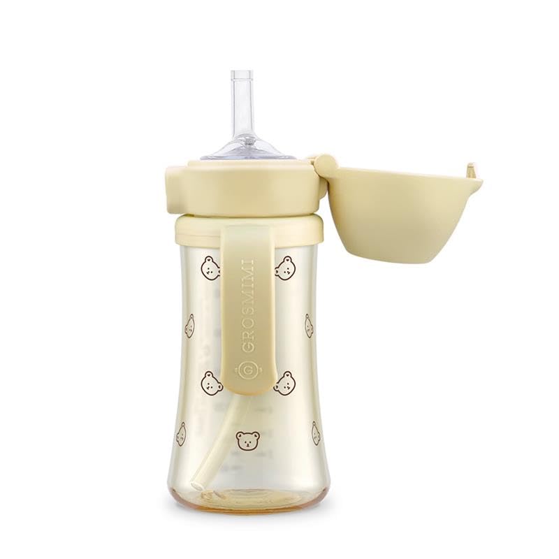 GROSMIMI Flip Top Spill Proof Sippy Cup, PPSU, BPA Free, 10 oz, Stage 2 Straw for Toddlers (Bear)