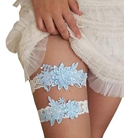 EVAZENBride Wedding Garter Blue Lace With Floral Garters Stretch Leg Garter Set Bridal Accessories for Women and Girls