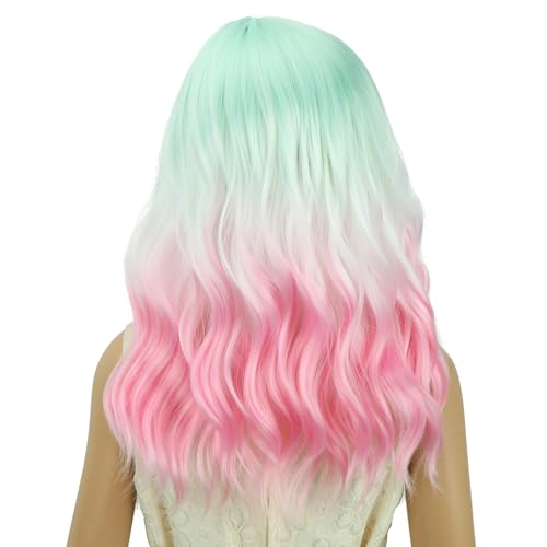 Image of PATTNIUM Rainbow Short Curly Wavy Wigs for Kids Girls Green White Pink Ombre Heat Resistant Synthetic Wig Halloween Cosplay Costume Party Wigs