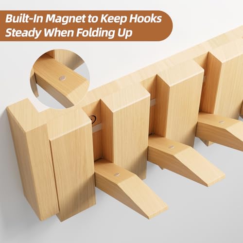 Kiseely Wooden Coat Rack, Wall Mounted Handmade Natural Hook, Space-Saving Coat Hanger With 10 Flip-Down Hooks For Entryway, Bedroom, Bathroom Decoration thumb #2