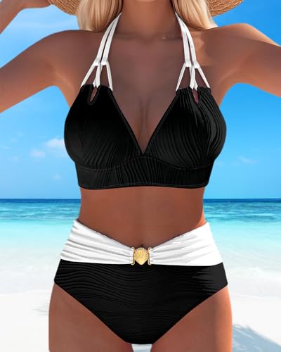 Double Strap High Waist Contrast Color Swimsuit for Women Deep V Neck Embossing Bikini Beach Vacation Bathing Suits4