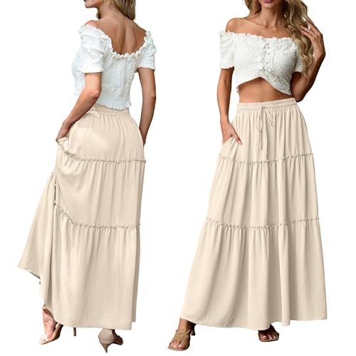 Image of Lepunuo Womens Casual Boho High Waisted Flowy Maxi Skirts Tiered Floral Long Skirts with Pockets for Summer Beach Vacation