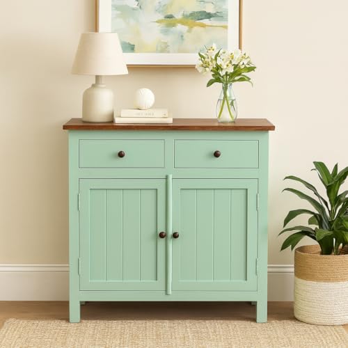 Kraft Bazaar Solid Wood Sideboard Cabinet | 2 Drawers | Scratch-Resistant Tubaq Top with Sage Green Finish | Stylish Storage for Living Room Décor