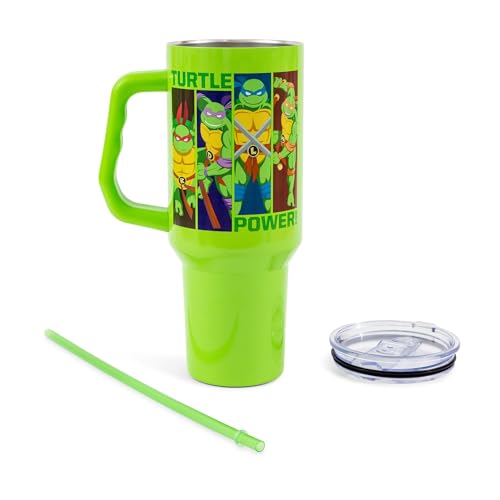Image of Silver Buffalo Teenage Mutant Ninja Turtles Turtle Power Stainless Steel Tumbler with Handle Featuring Leonardo, Donatello, Raphael, and Michelangelo, Fits in Standard Cup Holder, 40 Ounces