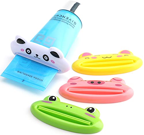 pasow cartoon animal plastic frog cat panda pig shaped toothpaste cream squeezers - pack of 4 mix designs