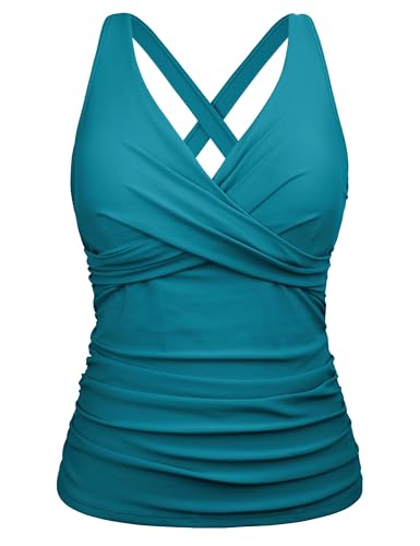 La mejor selección de Tankinis para Mujer los 10 mejores. 41 Hilor - Traje de baño tankini con aros para mujer, con control de barriga, cuello en V y cuello cruzado, Esmalte azul, 10