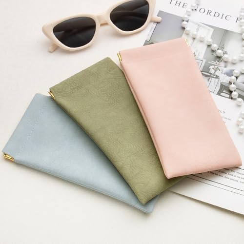 Image of 3 pack leather eyewear case PU soft sunglasses bag squeeze top portable lightweight eyewear case for men and women