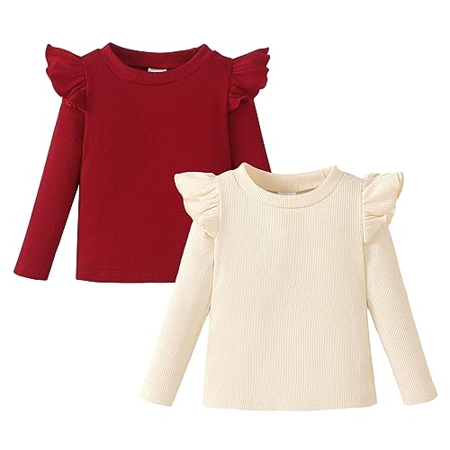 Image of OPAWO Toddler Long Sleeve Shirt Girl Ruffle Sleeve Ribbed Tops Tees Blouses