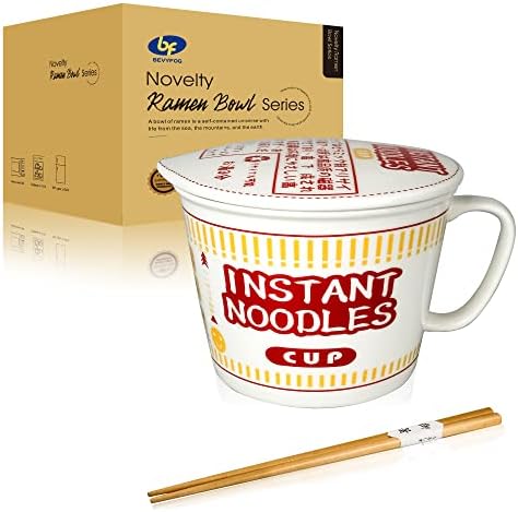 BF BEVYFOG Ramen Bowl Set with Chopsticks 32 OZ Large Ceramic Instant Ramen Noodle Bowls with Lid Gift Wrap Cute Japanese Soup Bowl with Handle, Microwave Safe (Red)
