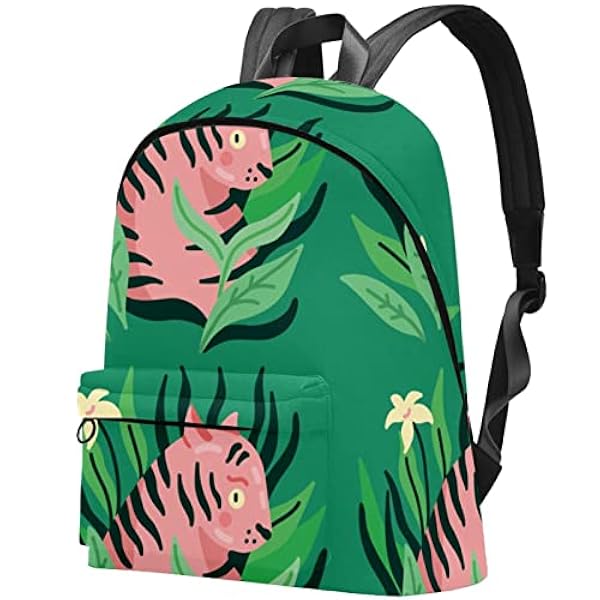 Grote Canvas Rugzak College School Mannen & Vrouwen Tijger Omringd door Bladeren Groen, Multicolor