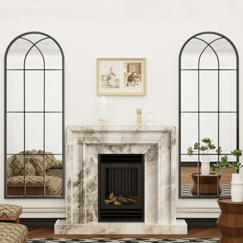 Image of Dewfig Arched Full Length Mirror, 65 inchx 22 inch Windowpane Floor Mirror, Black