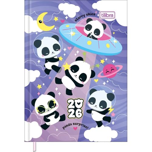 Tilibra - Agenda Costurada Mini 7,8 x 10,8 cm Lovely Friend 2026 - Pandas - Nave Espacial