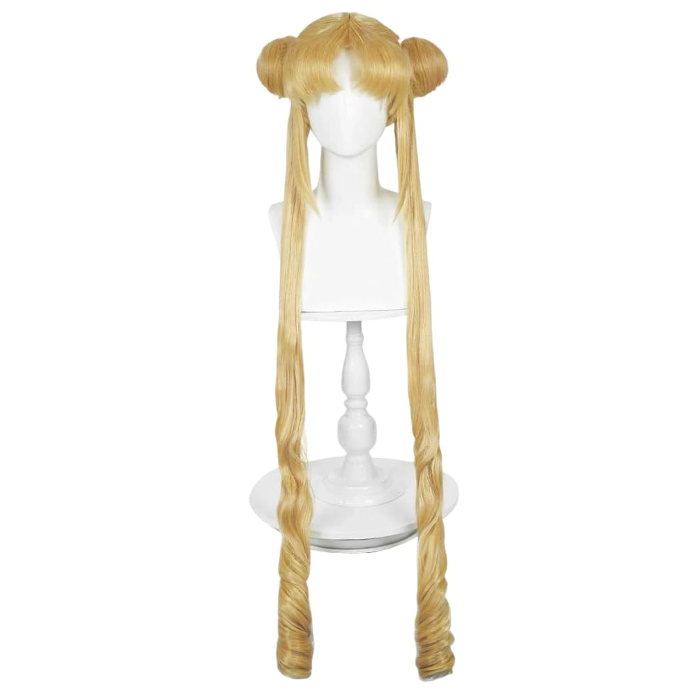 Blonde Welle Doppel Ponytail Perücke mit zwei kleinen Buns Herzförmige Bangs Lange Kostüm Haare für Frauen Halloween Cos Anime Party