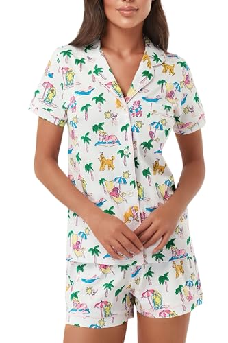 Image of Womens Pajamas Set Shorts Button Down 2 Piece Monkey Bunny Y2k Roller Dupes Rabbit Preppy Lounge Pjs Comfy Sleep Wear
