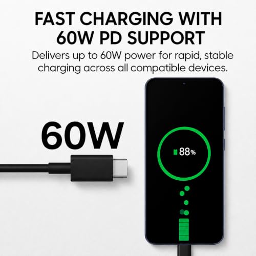 Image of 60 W Type C to C Data Cable Compatible Compatible with Samsung Galaxy S26 /S25 /S24 /S23 /S22 /S26+ /S25+,Plus /Ultra /FE /5G /Edge /Z flip /fold /7 /6 /5 /4 /A56 /M56 /A57 /A37 /F56,45Watt USB-C Superfast Charger