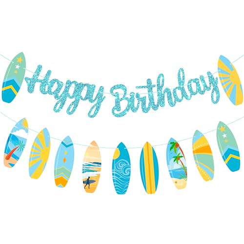 Image of 2pcs Summer Surfboard Happy Birthday Banners Summer Surfing Birthday Party Decorations Blue Glitter Surfing Birthday Banner Bunting Surfboard Banner for Tropical Hawaii Beach Surfing Supplies
