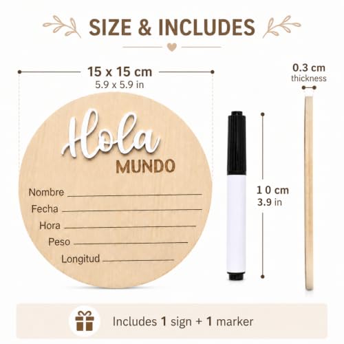 Image of Spanish Baby Birth Announcement Sign - Hola Mundo Wooden Newborn Board | Wooden Spanish Hola Mundo baby announcement disc with 3D letters and a marker to record newborn birth details.