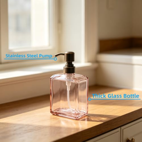Image of Soap Dispenser Pink Rectangular, Oil Rubbed Bronze Pump, 13.5 oz | Glass Bottle, Rust Proof Stainless Steel Pump, Refillable, Hand Soap, Liquild Soap, Dish Soap, Bathroom, Kitchen