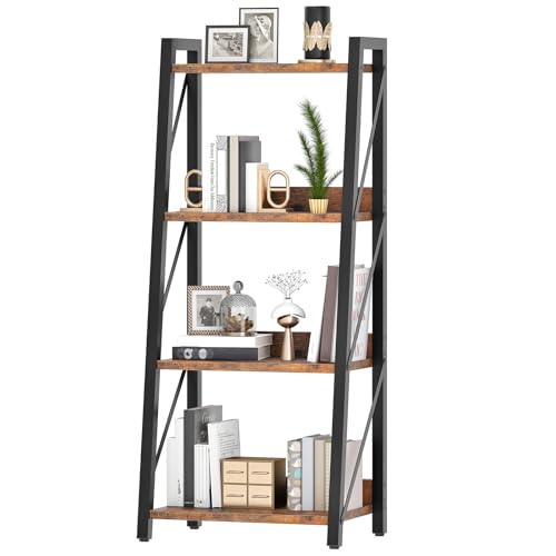 HOOBRO Ladder Shelf, 4-Tier Bookshelf, Corner Bookcase, Freestanding Storage Shelf Display Organizer, for Living Room, Bedroom, Home Office, Kitchen, Rustic Brown and Black BF304CJ01