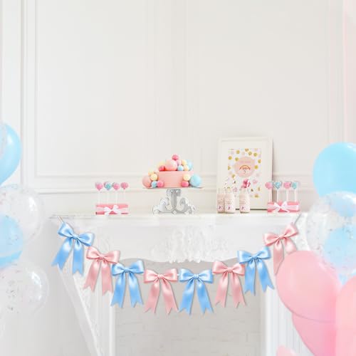 Image of 2 Strings of 16PCS Baby Pink&Baby Blue Bow Garlands Banner Decoration,Pre-Strung Satin Ribbon Ornaments for Gender Reveal Party,Baby Shower,Birthday,Bridal Shower,Graduation Decor,Anniversary,Wedding